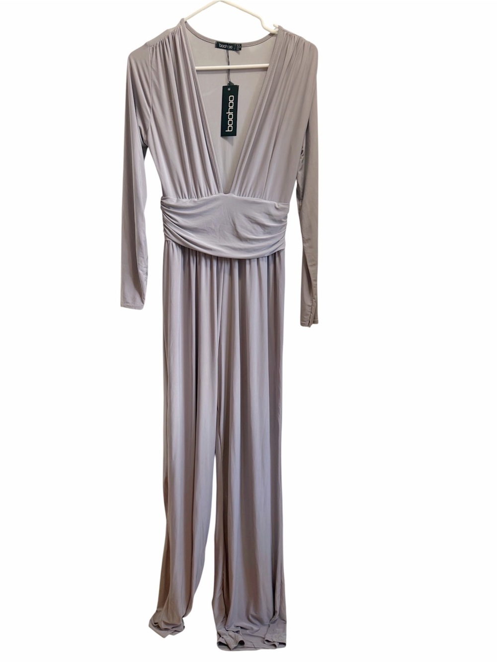 Boohoo Taupe Plunge Long Sleeve Jumpsuit